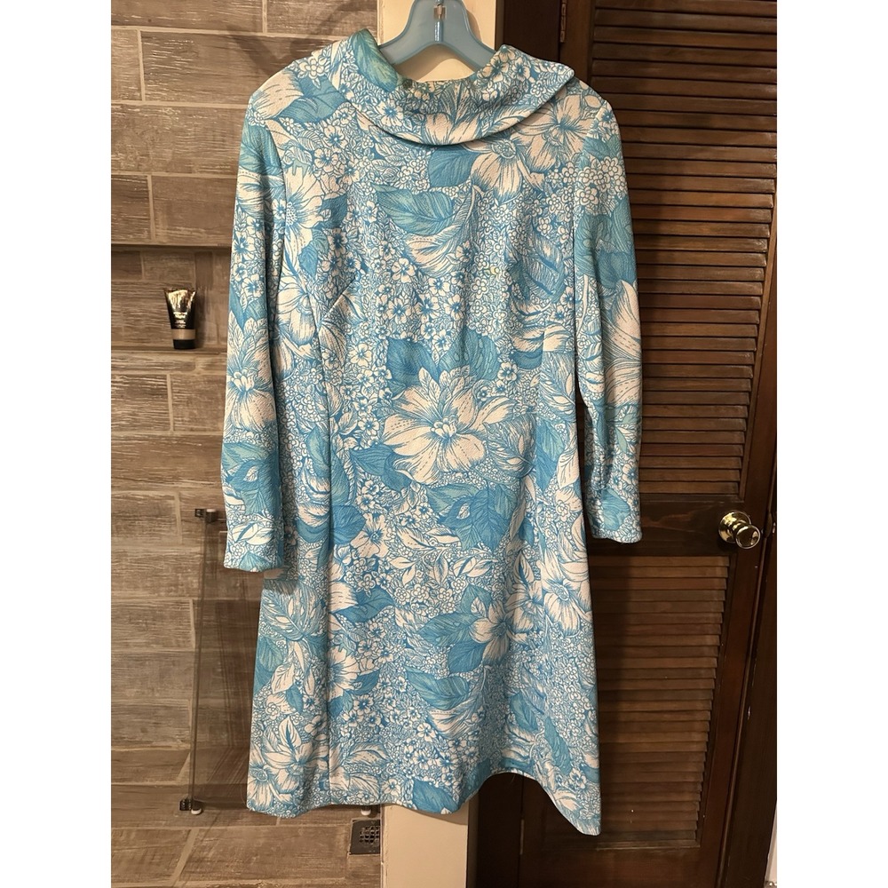 Vintage 60s 70s Edith Flagg Dress Blue Floral Crimplene Knit